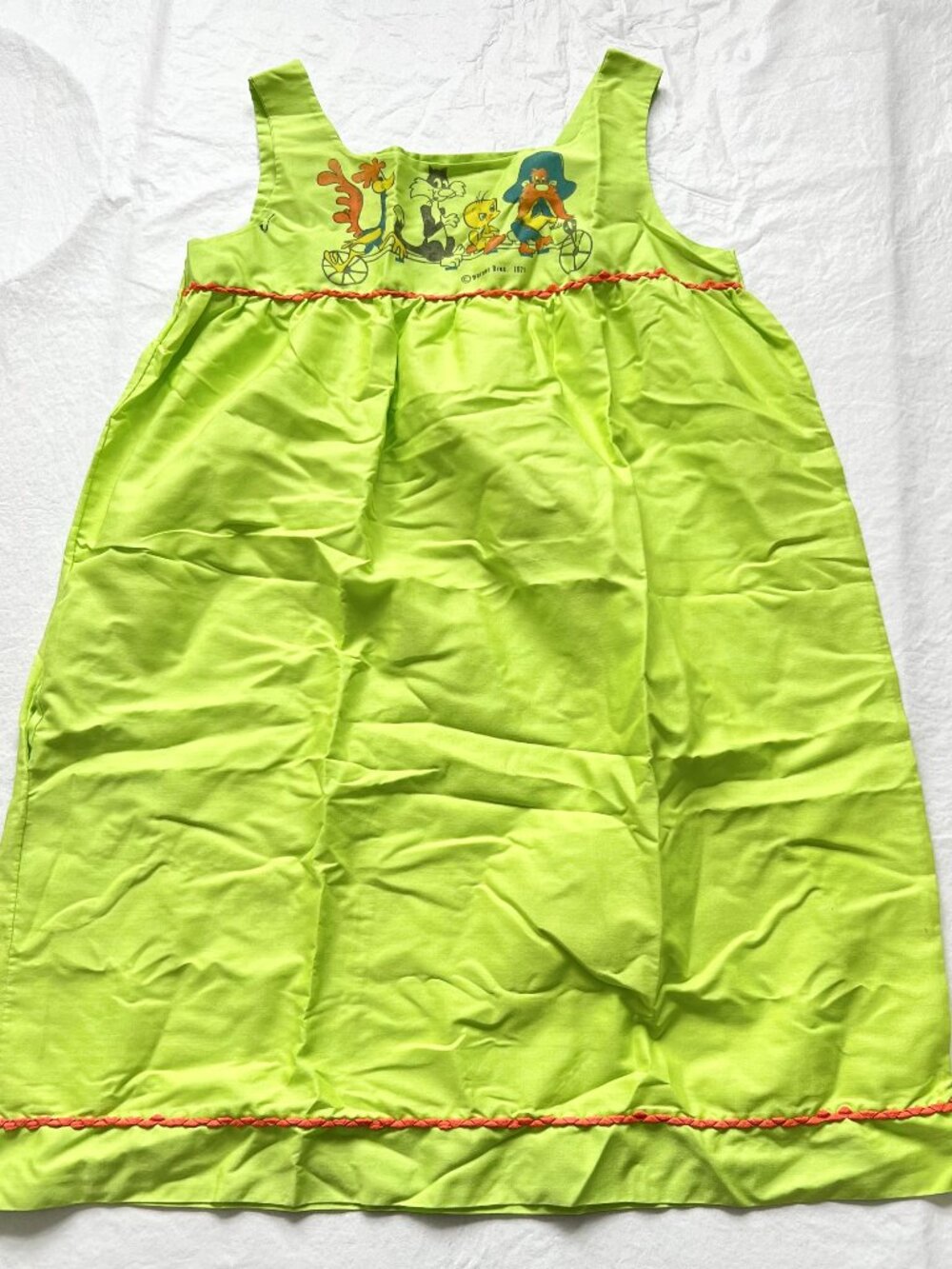 Vintage 70s Looney Tunes House Dress medium Carol Brent Lime Green Pajamas